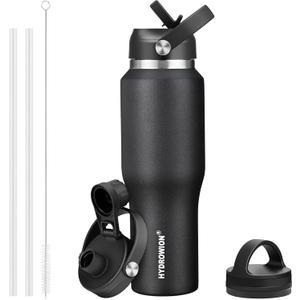HYDROWION 32oz Stainless Steel Water Bottle(Cold for 48 Hrs, Hot for 24 Hrs),Double Wall Vacuum Insulated Water Bottle with Straw Lid, Spout Lid and Flex Cap, Fit in Any Car Cup Holder,Black