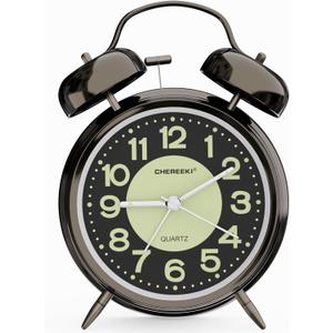 CHEREEKI Loud Alarm Clock for Heavy Sleepers Adults, Silent Non Ticking Analog Clock with Backlight, Luminous Dial, Battery Operated Alarm Clock for Bedroom, Included Battery, Black