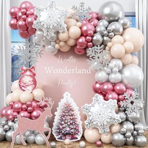 Winter Wonderland Balloon Arch Garland Kit, Metal Pink Peach Pearl White Silver Balloon with Snowflake Foil Balloons for Christmas Ice Wonderland Baby Shower Princess Theme Birthday Party Decorations
