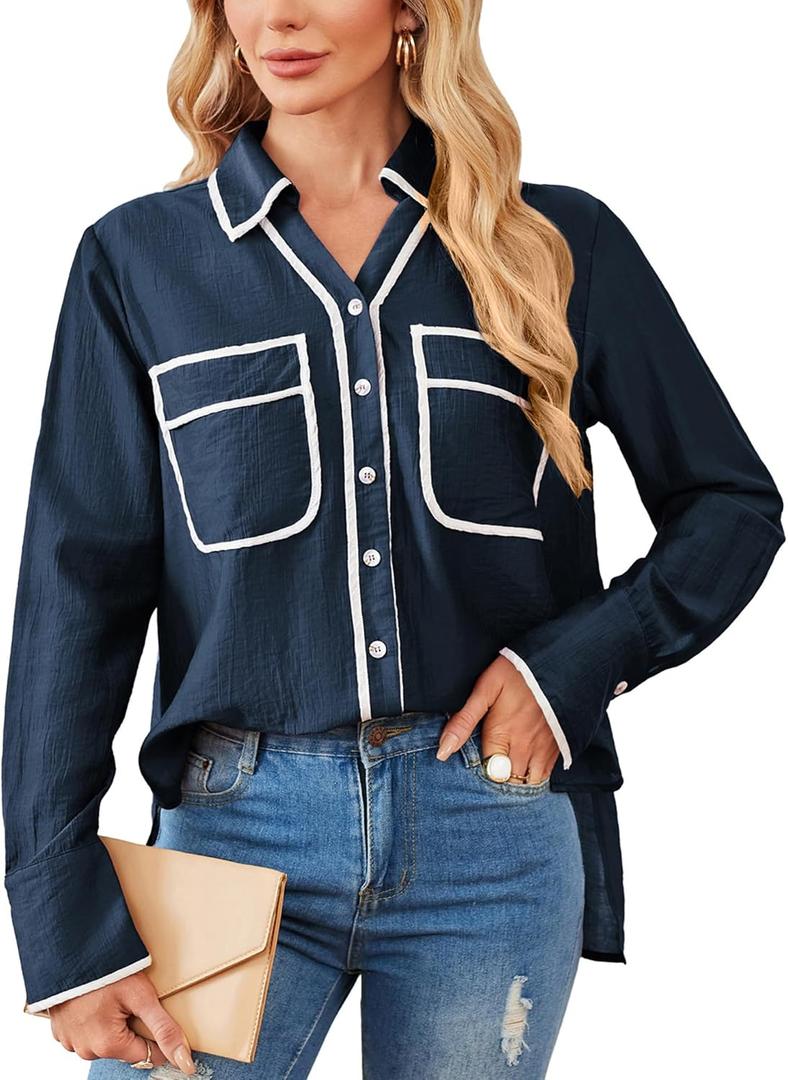 Womens Dressy Tops Contrast Color Button Down Shirts Work Office Blouse 2024 Fall Fashion Sheer Collared Shirt Navy Blue, Small