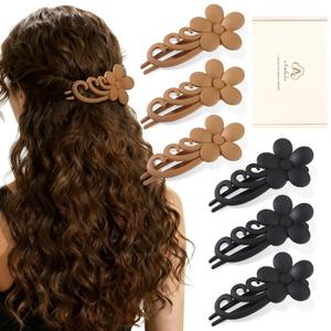 Medium Flat Hair Clips for Fine Thin Hair, Cute Flower Claw Clips for Women for Hawaiian Vacation, 6 Pcs (Black, Brown)