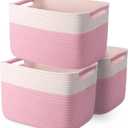 Woven Organizing Baskets, Pastel Toy Storage Bin, decoration Cotton Rope Basket for Nursery, ClosetBook ShelfSoft Storage Cube Organizer for KidsGirls - Pack of 3Pink