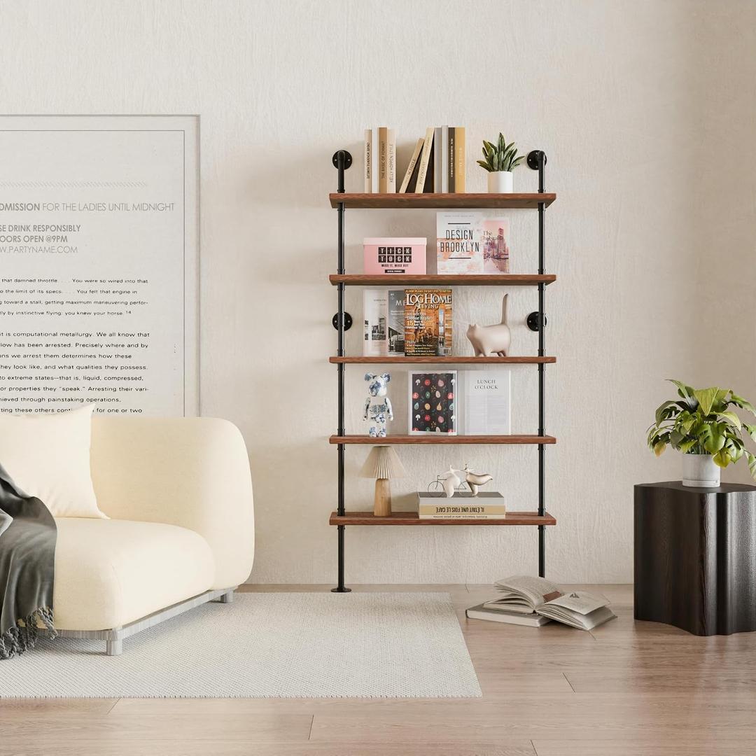 5 Tier Industrial Ladder Shelf Bookcase, Wall Mounted Wood Metal Pipe Rustic Bookshelf for Living Room (Weathered Brown, 10" D x 36" W x 70" H), 5t36in