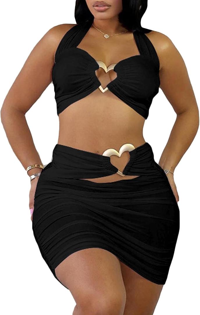 Sexy Skirt Sets Women 2 Piece Outfits Cut Out Halter Crop Tops Ruched Wrap Mini Skirt Summer Outfits (Small, Black)