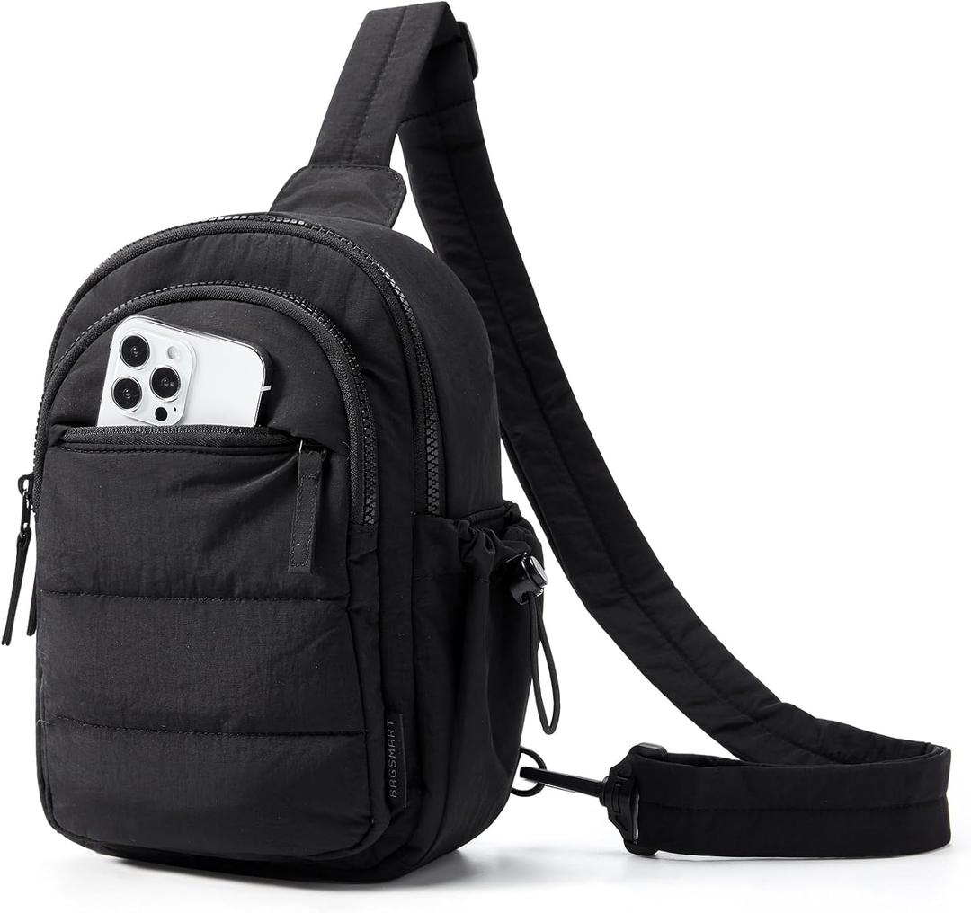 BAGSMART Small Sling Bag for Women, Puffer Crossbody Bag Purses Hobo Handbag Fanny Packs for Travel Hiking (Black)