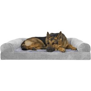 Furhaven Orthopedic Dog Bed for Large Dogs w/ Removable Bolsters & Washable Cover, For Dogs Up to 95 lbs - Faux Fur & Velvet Sofa - Smoke Gray, Jumbo/XL