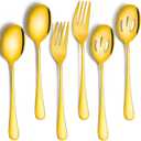 Patelai 6 Pack Serving Spoons Set Includes 4 Serving Slotted Spoons and 2 Forks Stainless Steel Buffet Dinner Restaurant Set for Party Banquet, 8.7 Inch(Gold)