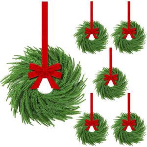 Hotop 6 Set Mini Christmas Wreath for Cabinet Kitchen Windows Decors Bulk with Red Bow Small Artificial Norfolk Farmhouse Wreaths with Berry Pine Cone for Fireplace Front Door Porch Wall Hanging