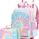 CAMTOP 18 Inch Rolling Backpack With Matching Lunch Bag Set Girls Boys Roller Bag on Wheels Kids School Bookbags Wheeled (Tie Dye Pink)