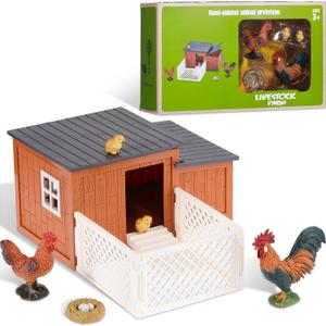 Skylety 8 Pieces Easter Chicken Figurine Chicken Model Playset Farm Action Figures Fences Around Building Blocks Farm Coop Set Birthday Party Present Animal Christmas Easter Gift