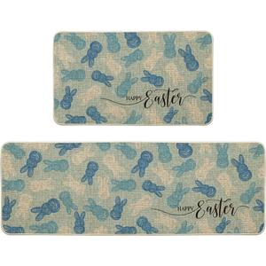 Artoid Mode Blue Rabbits Bunny Happy Easter Kitchen Mats Set of 2, Home Seasonal Spring Easter Holiday Holiday Party Floor Mat - 17x29 and 17x47 Inch