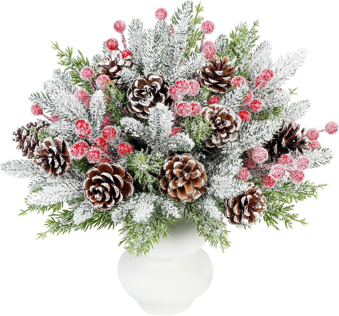 60Pcs Artificial Snowy Pine Branches with Red Berry Stems Pinecones Norfolk Greenery Pine Garland Branches Ornaments for Christmas Tree Wreath Garland DIY Crafts Holiday Home Decoration