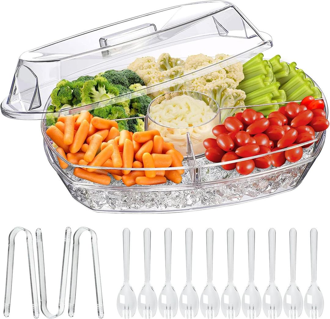 LIMOEASY Chilled Veggie Tray, 15 Inch Clear Party Platter with 4 Compartments, Ice Serving Bowl with Lid, Cold Food Buffet Server for Fruit, Vegetable, Appetizer, Shrimp