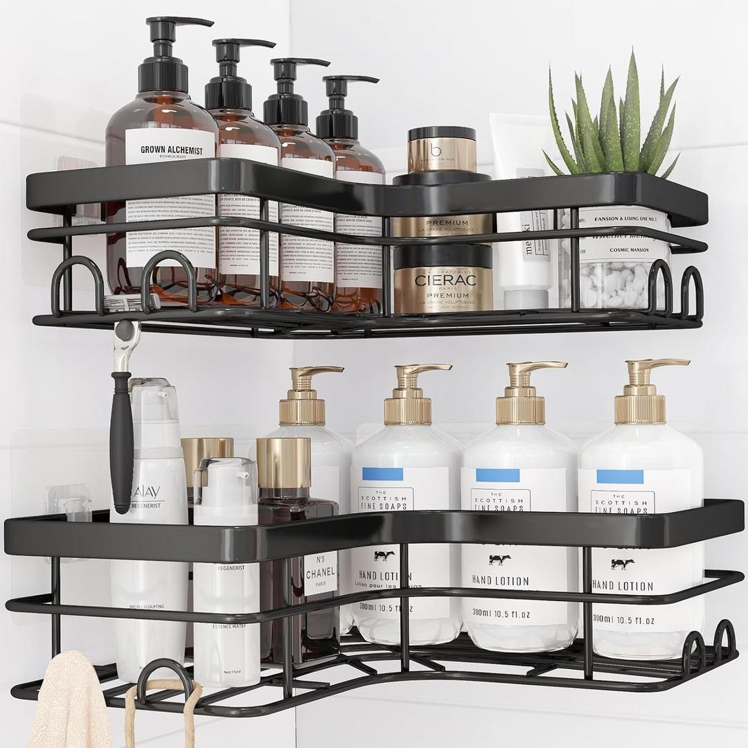 Corner Shower Caddy - 2 Pack, Adhesive Shower Organizers, Rustproof Stainless Steel Shower Shelves with 8 Hooks, No Drilling Bathroom Organizers and Storage Racks, Space-Saving, Black, X-Large