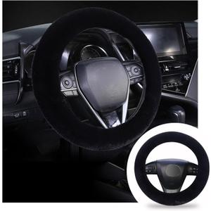 Ziciner Fuzzy Steering Wheel Cover, 15 inch Soft Wool Fur Steering Wheel Protector, Fluffy Wheel Covers for Winter Warm, Car Interior Decoration Accessories for Women Men (Black)