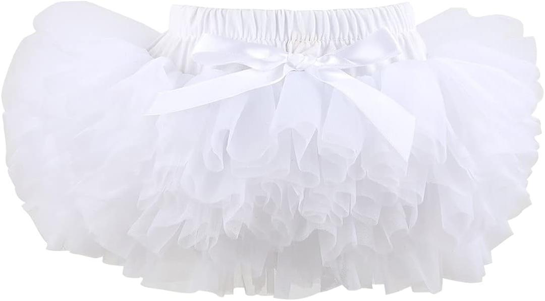 HOOLCHEAN Baby Girl Tutu Skirt Soft Fluffy 4-Layer Tulle Skort with Cotton Diaper Cover for Infant Toddler (White), 6-12 Months