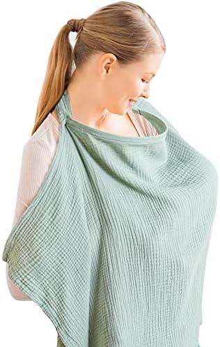 Konssy Muslin Nursing Cover for Baby Breastfeeding, Breathable 100% Cotton Breastfeeding Cover with Rigid Hoop for Mother Nursing Apron, Multi-use Carseat Canopy (Green)
