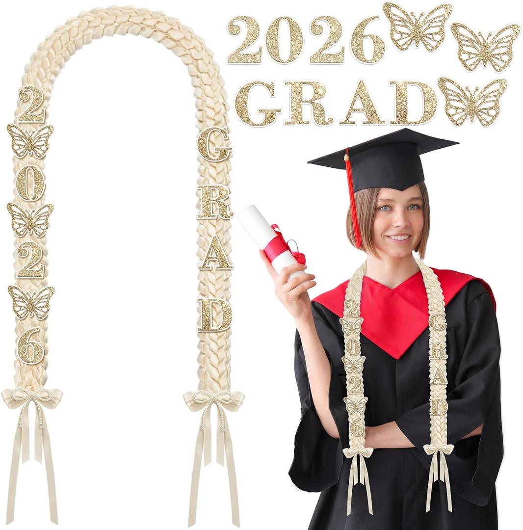 Suncalla 1/2 Pack Graduation Leis Class of 2026 Ivory Satin Ribbon Necklace with 11 Letters and Numbers Flower Butterfly Pin Pearl Bow Money Leis for College Senior Grad Gift(Beige,1 Pcs)