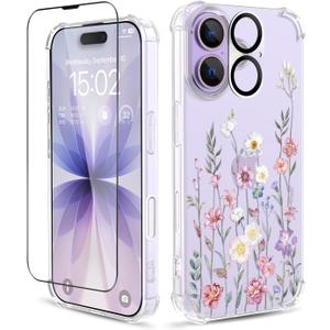 for iPhone 17 Case,[3 in 1] with Screen Protector & Camera Lens Protector, Flower Pattern Design,Clear Soft Shockproof Slim Floral Phone Cover for Women Girls 2025 6.3" (Blooming Flowerets)
