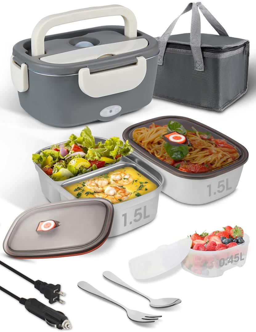 SOHIDA Electric Lunch Box Food Heater, 80W Heated Lunch Box for Adults, 12V 24V 110V Portable Food Warmer LunchBox for Car Truck Work with Removable 304 Stainless Steel Container White