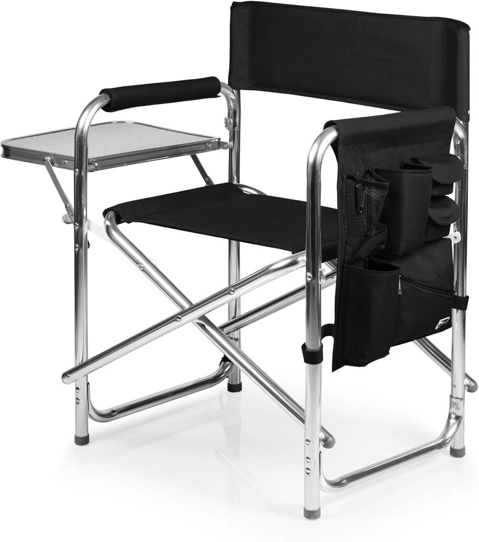 PICNIC TIME Sports Chair with Side Table and Armrest Caddy, Lightweight Aluminum Folding Outdoor Camping Chair for Adults, Portable Director Style Lawn Seating with Pockets & Carry Strap, (Black)