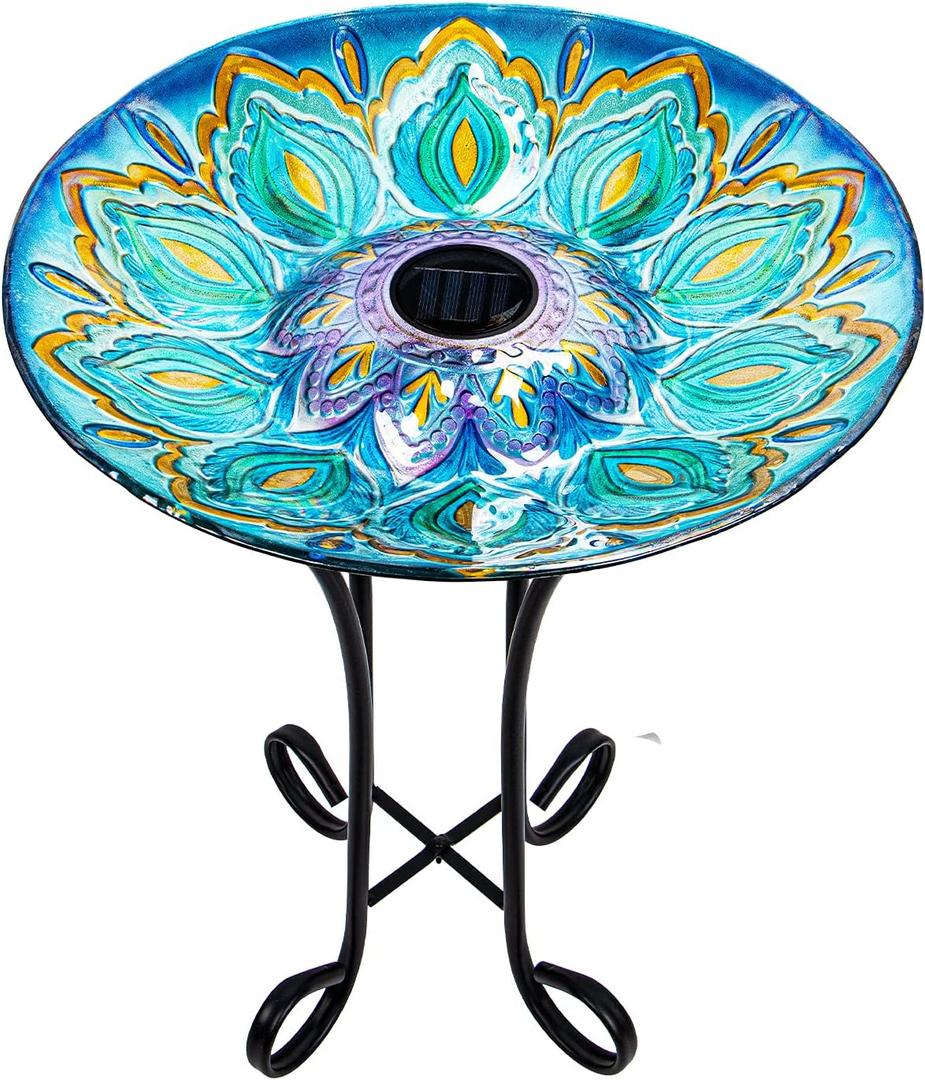 Glass Bird Bath Outdoor with Metal Stand for Lawn Yard Garden Decor Solar Large BirdBath Peacock Bird Feeder