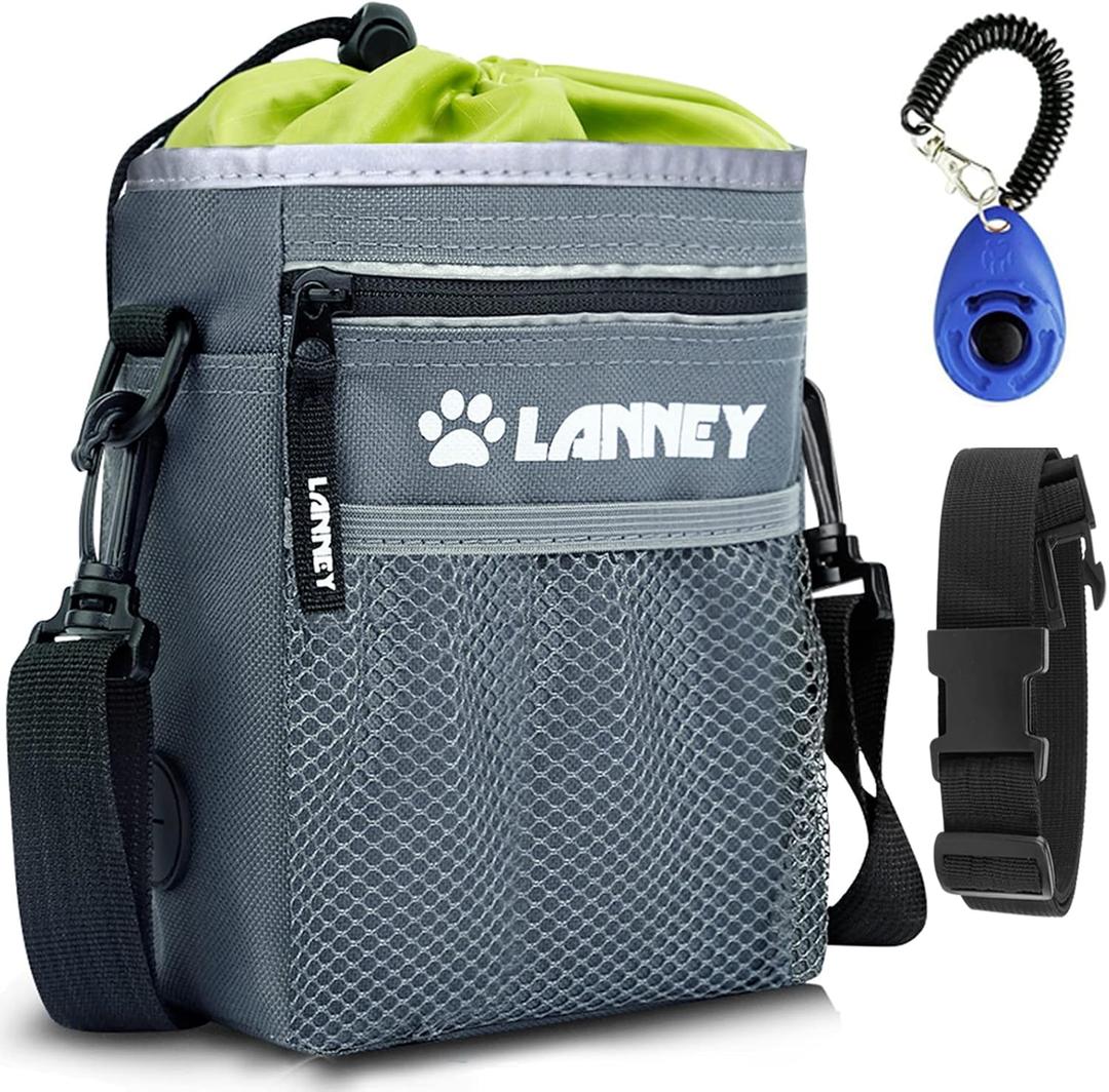 Dog Treat Pouch - 3 Ways to Wear Dog Treat Bag, Dog Training Treat Pouches for Pet Training with Clicker, Shoulder Strap, Adjustable Belt, Poop Bag Dispenser, Easily Carrying Kibble Snacks Pet Toys, Gray with Green 