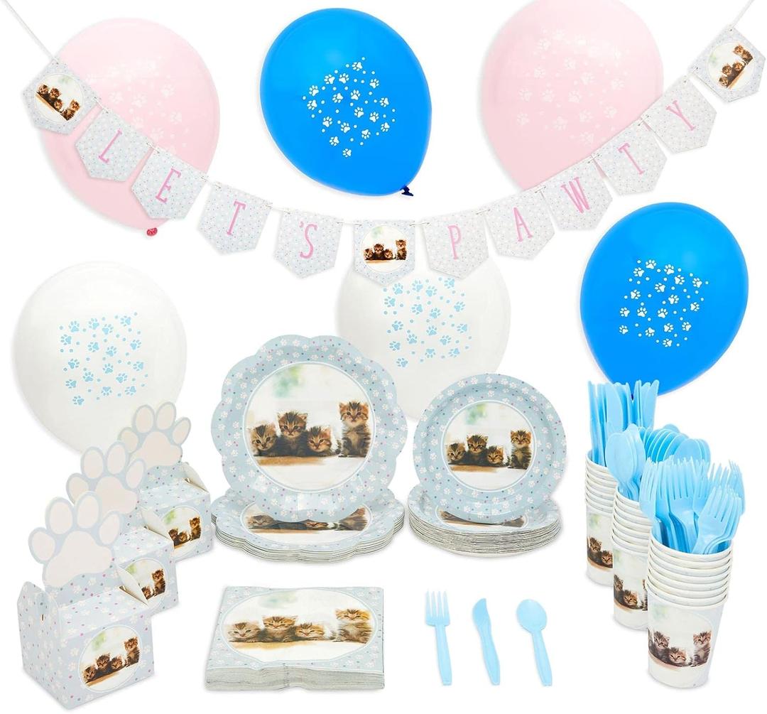 Sparkle and Bash Cat Birthday Decorations, Kitty Dinnerware Set, Banner, Favor Boxes, Balloons (Serves 24, 217 Pieces) - Birthday Decoration - Cat Party