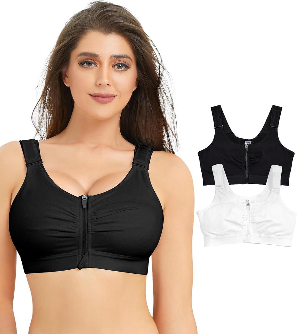 BRABIC Zip Front Closure Everyday Bra for Women Post Surgery Compression Support with Adjustable Straps Wirefree (Large, Black + white 2pk)