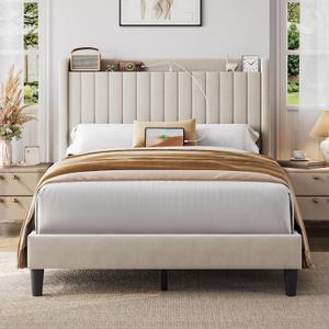 Yaheetech Full Size Bed Frame with USB Charging Station and Storage Shelf/Upholstered Headboard Platform Bed with Wing Side/Wooden Slats Support/Noise Free/No Box Spring Needed/Easy Assembly, Beige