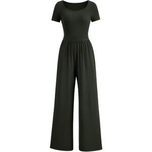 PRETTYGARDEN Women's Summer One Piece Jumpsuits Dressy Casual Short Sleeve Square Neck Wide Leg Jumpsuit Rompers (Large, Dark Army Green)