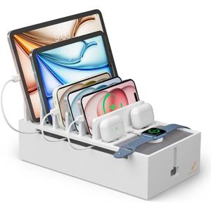 Pezin & Hulin Multi Charger Station Organizer Rack, Bamboo Cable Management Box, Power Strips and Cord Hider, Nightstand Device Organizer (Include 6 Cables)(No Power Charging Supply) -White