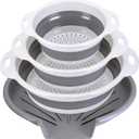 Collapsible Colander Set with Oversized Draining Tray | 3-Pack Foldable Kitchen Strainers + Base | Space Saving for Pasta, Veggies, Fruit & Rice | 5 Colors (Gray-White)