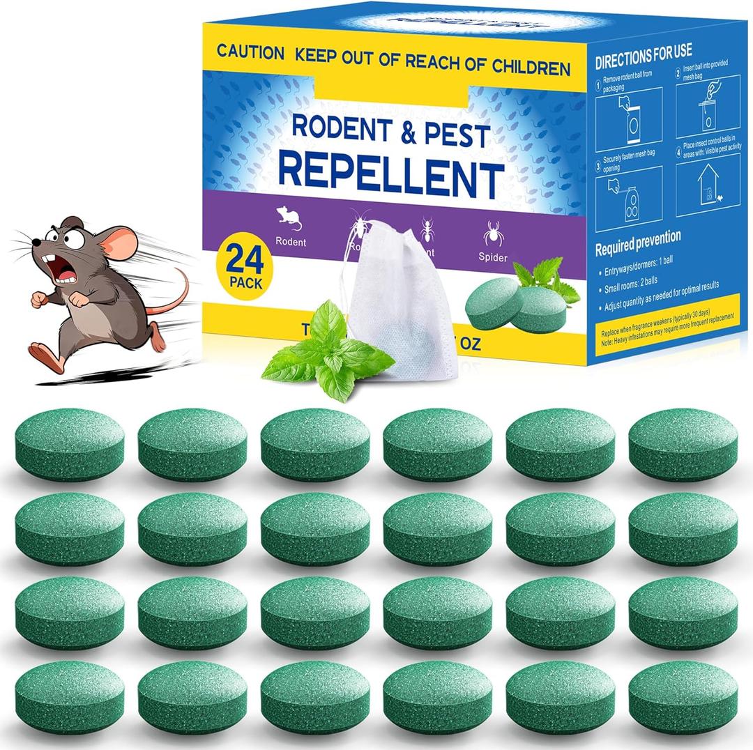 Mouse Rodent Repellent, 24 Pack Mouse Repellent Balls - Peppermint Lemon Oil Mice Repellent for Squirrel Rats Spider Pests, Mice Repellent for Indoor/Outdoor Use - Natural Mouse Deterrent & Pet Safe (0.88 Ounce (Pack of 24))