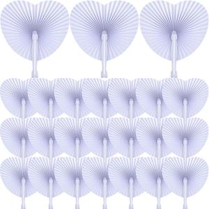 Yulejo 100 Packs Wedding Folding Paper Fans Bulk White Heart Shaped Foldable Personalized Fan with Plastic Handles for Outdoor Wedding Ceremony Women Guest Convention Pocket Favor