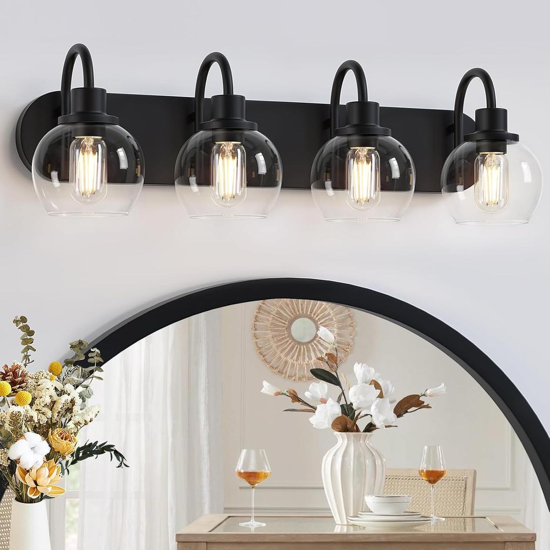 Industrial Bathroom Vanity Light 4-Light Bathroom Lights Over Mirror with Clear Glass Globe Shade and Metal Base, Matte Black Bathroom Vanity Light Fixture