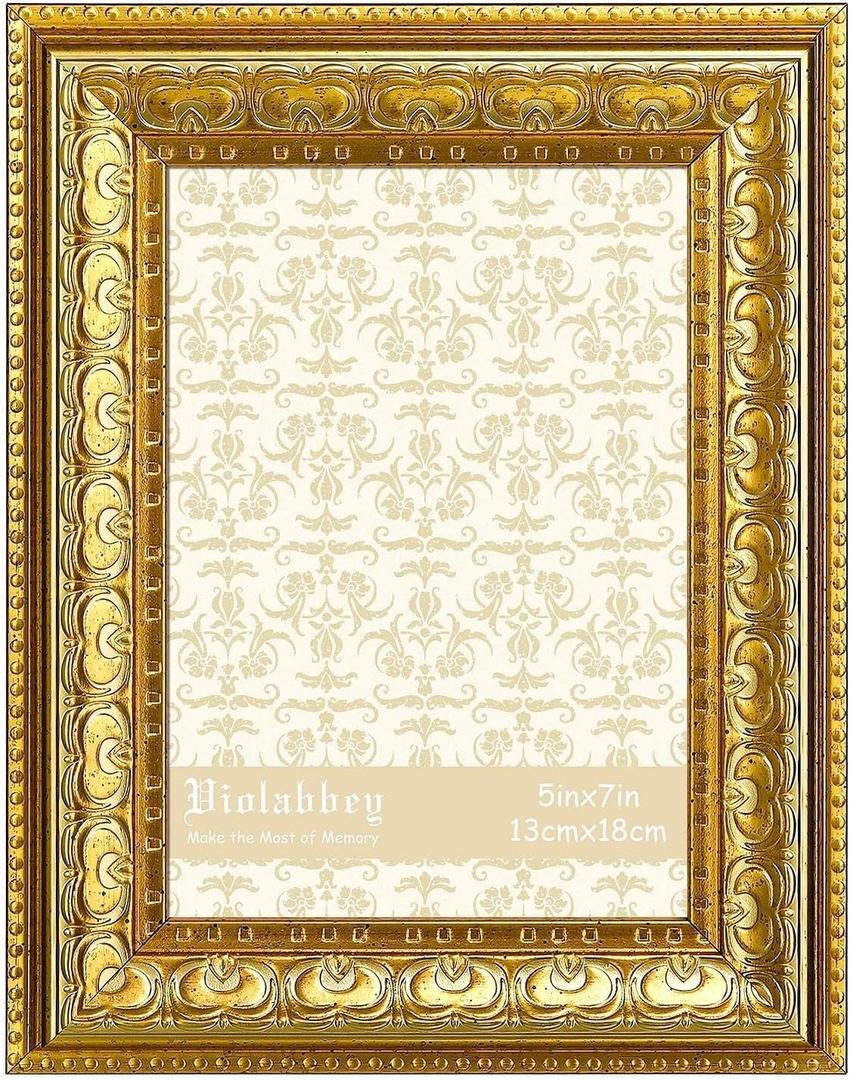 VIOLABBEY 5x7 Picture Frame Gold, Vintage Photo Frame for Wall or Tabletop Display, Classic Design for Office Home Decor, Fits 5x7 Pictures