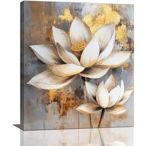 Olivine Zen Wall Art, Lotus Pictures Wall Decor, White and Golden Lotus Flower Bloom Painting Canvas Prints, Framed Artwork for Bedroom Bathroom Living Room Office Spa Meditation Yoga 24"x20"