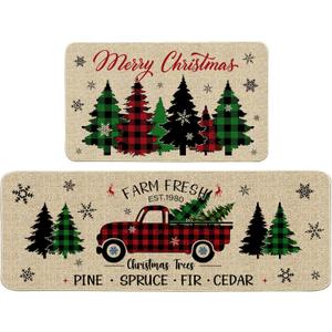 Hexagram Christmas Kitchen Decor, Christmas Kitchen Rugs Set of 2, Xmas Truck Mats for Floor Decorations 17x29 and 17x47 Inch