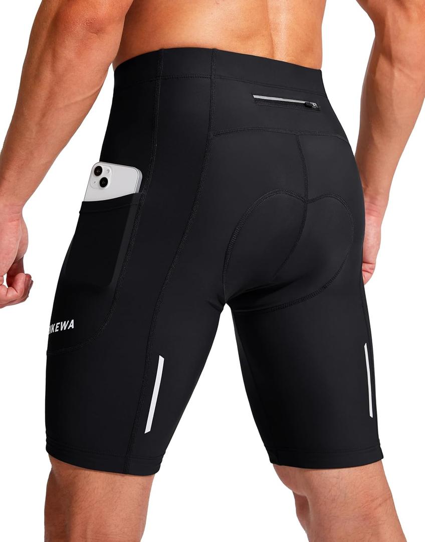 Bikewa Men's Bike Shorts 3D Padded Cycling Road Biking Mountain Riding Biker Bicycle UPF 50+ Cycle Shorts Zipper Pockets (Medium, Black)