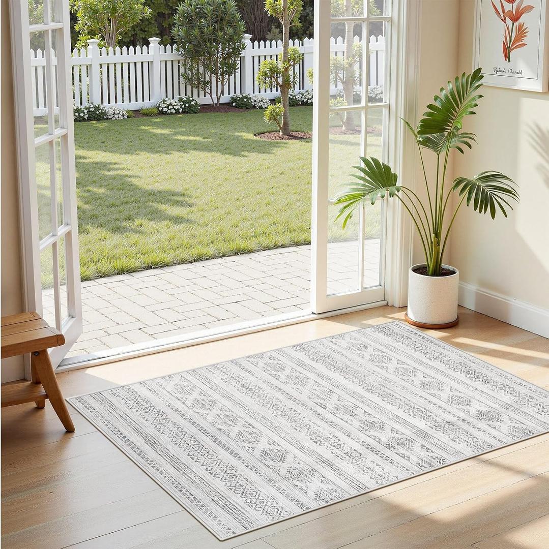 Tortania Area Rug Living Room Rugs - 3x5 Washable Soft Neutral Boho Moroccan Farmhouse Mat Indoor Floor Carpet for Bedroom Under Dining Table Home Office Decor - Ivory Gray