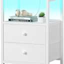 White Nightstand with Charging Station, LED Night Stand with 2 Fabric Drawers, Bedside Table with USB Ports and Outlets, Nightstand for Bedroom Modern