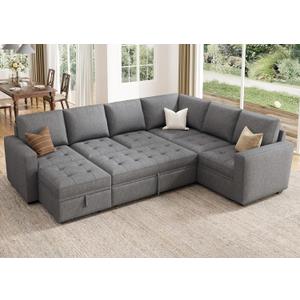 HONBAY Modular Sectional Sleeper Sofa with Pull Out Bed, Convertible L Shaped Couch with Storage Seat, Sectional Couches for Living Room,Grey