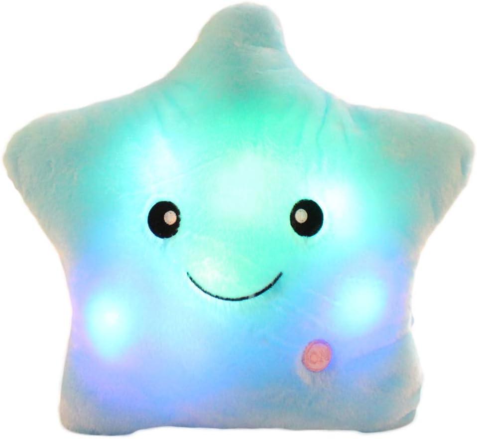 LED Twinkle Star Shaped Plush Pillow, Creative Night Light Glowing Cushions Plush Stuffed Toys Gifts for Kids, Decoration (Blue), 1 Count