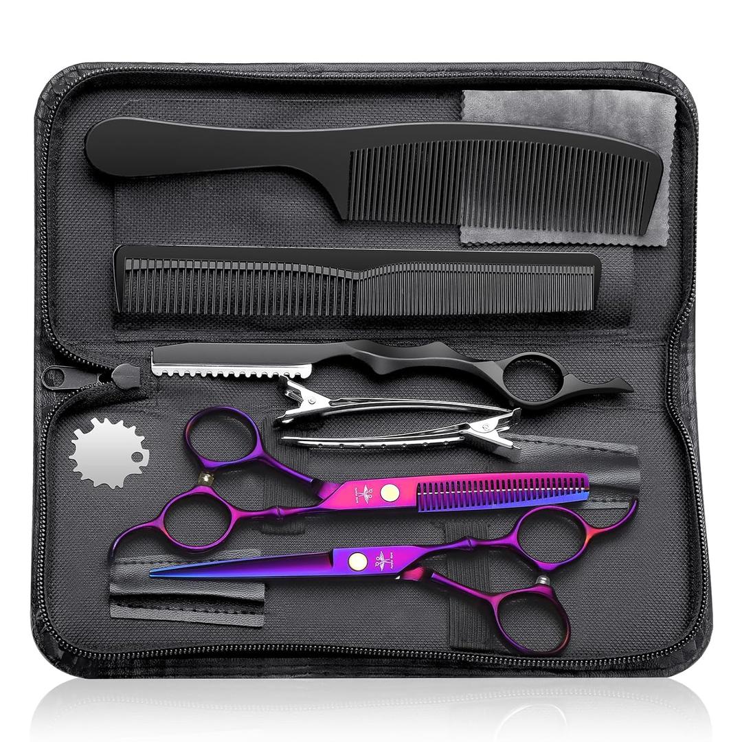 PURPLEBIRD Hair Cutting Scissors Kit, Professional Barber Scissors Hairdressing Shears Set with Stainless Steel Hair Scissor Thinning Scissor for Men Women Pet 10 Pcs Purple