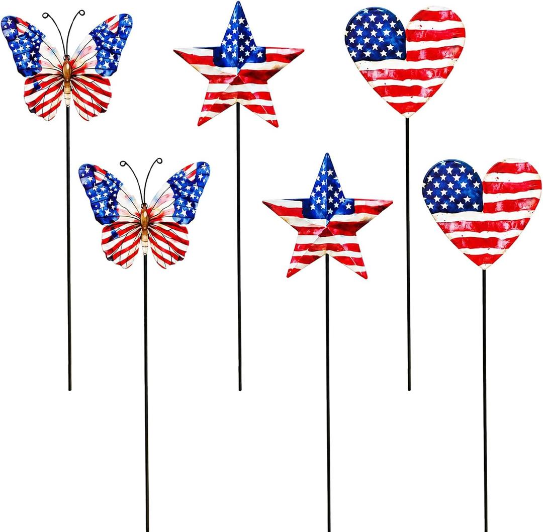 4th of July Decorations Outdoor, Set of 6 17-Inch Metal Patriotic Garden Stakes, Red White and Blue American Flag Heart Butterfly Star Yard Decor for Lawn, Porch, Memorial Day Decorations