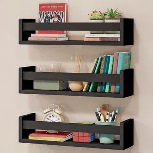 Set of 3, 16.4 Inch. Nursery Book Shelves, Wall Bookshelves for Kids Room Decor, Baby Organizer for Playroom, Book Shelf for Wall, Modern Storage for Nursery or Playroom, Black