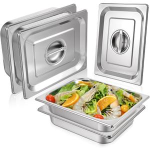 4 Pack Hotel Pans with Lids, 1/2 Size Anti-Jam Steam Pan, 2.5 Inch Deep Stainless Steel Steam Table Pans, Commercial Table Catering Storage Food Pan for Party, Hotel, Restaurant, Cafeterias, Buffet