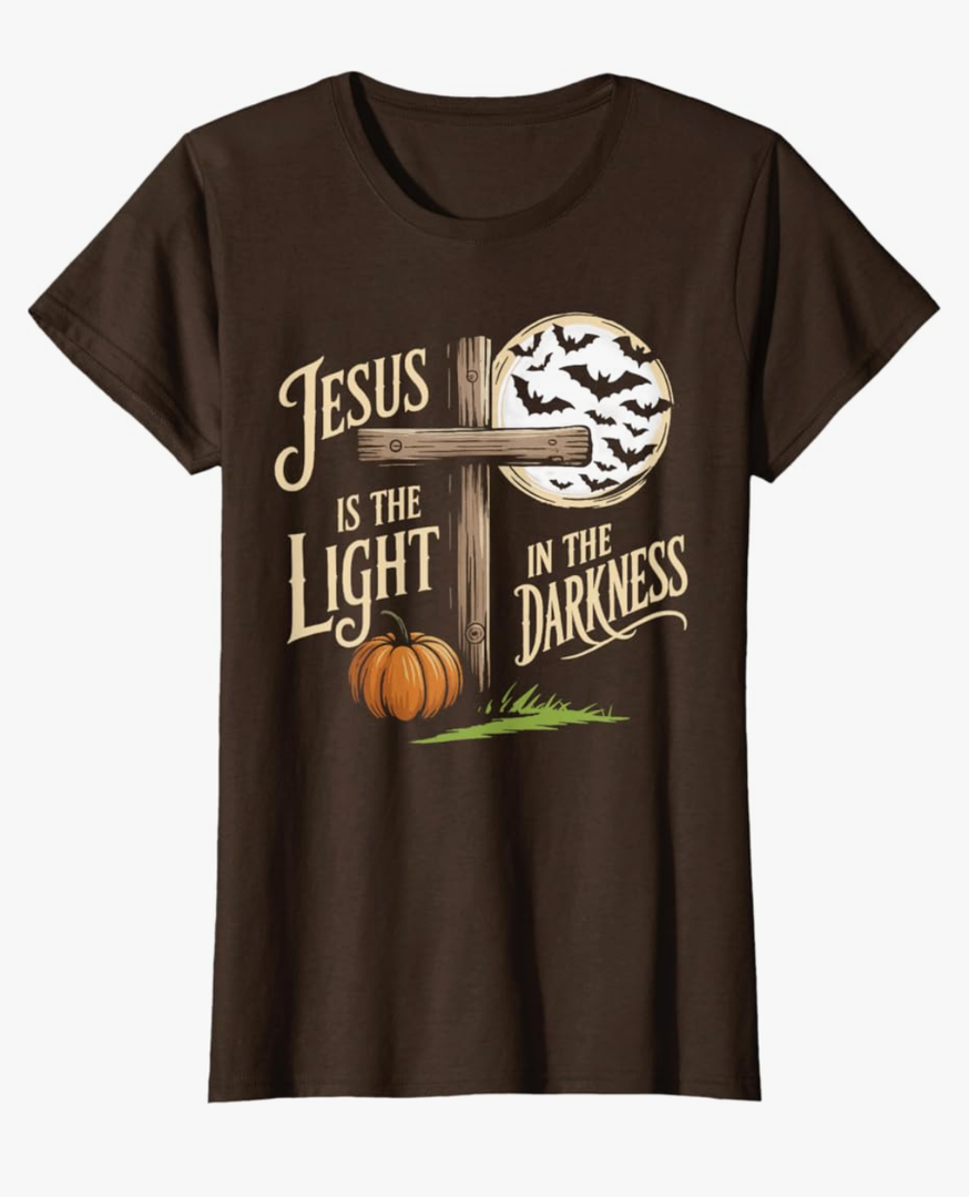 Jesus is The Light in The Darkness Christian Halloween T-Shirt. Woman XS (Brown)