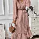 Women's Midi Dresses for Women V Neck Long Sleeve Fitted Family Photo Outfits Pink Dress Long Sleeve Pretty Garden Dresses (Pink, S)